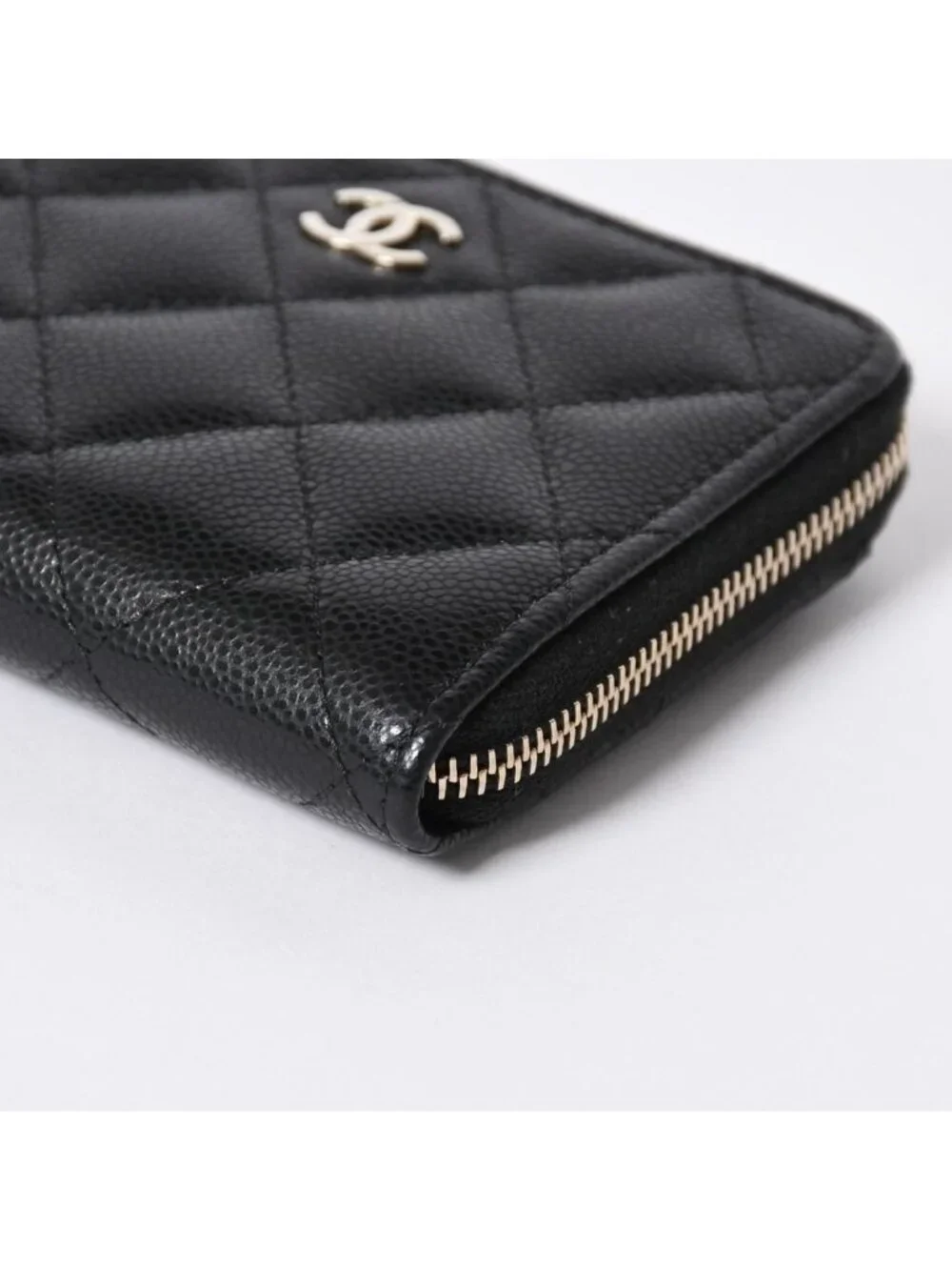Chanel Quilted Compact Wallet Coin Purse Caviar Leather Black Gold